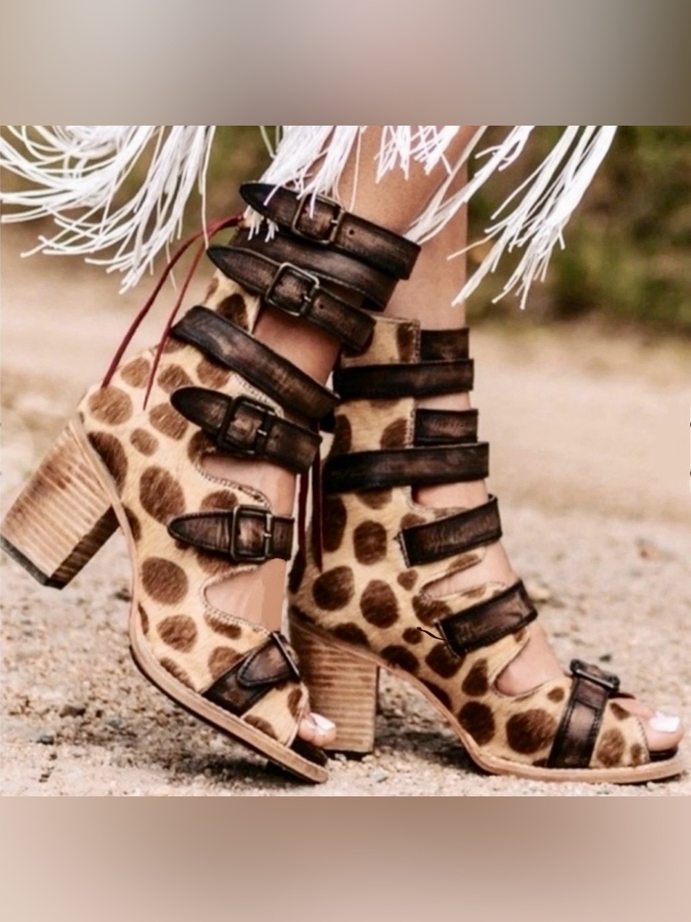 Rare Freebird Bond Leopard Print Leather Strappy Block Heel Sandals Size 9